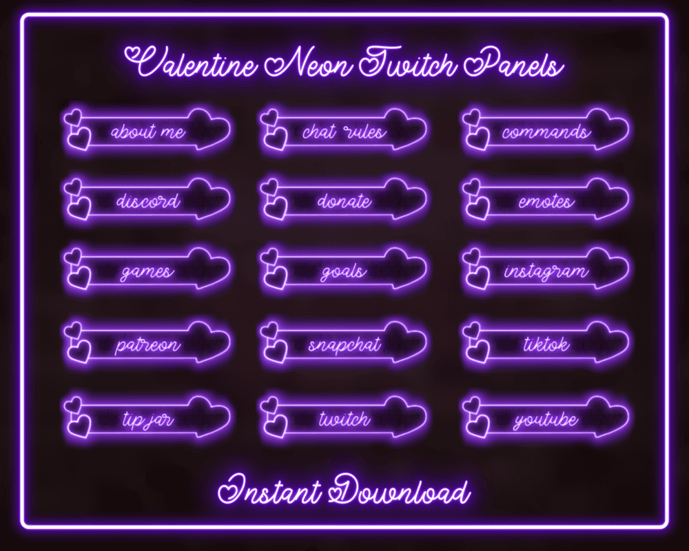 Animated Valentine Neon Purple Stream Panels for Twitch & Streamlabs