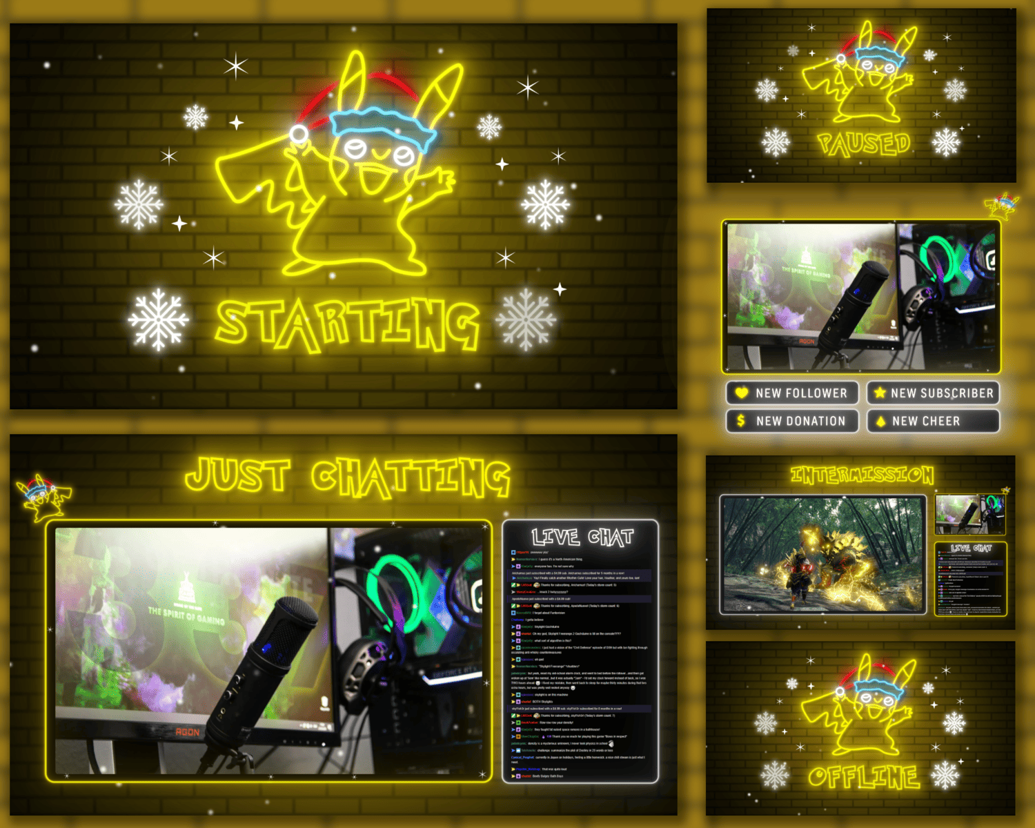 Pikachu Neon Christmas Stream Overlay – Vibrant Holiday Pokemon Setup