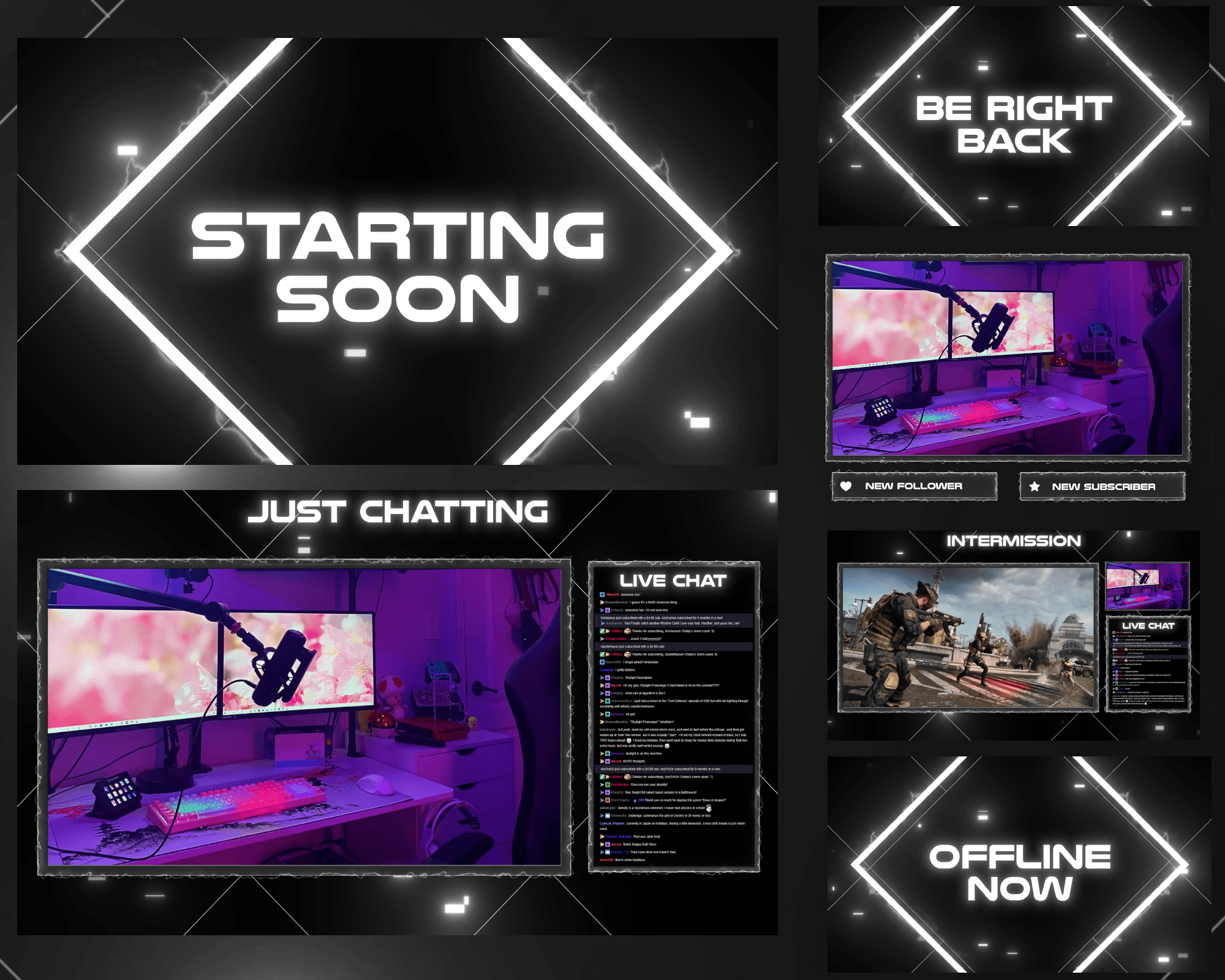 Neon Glitch Black & White Stream Overlay - Futuristic Stream Design