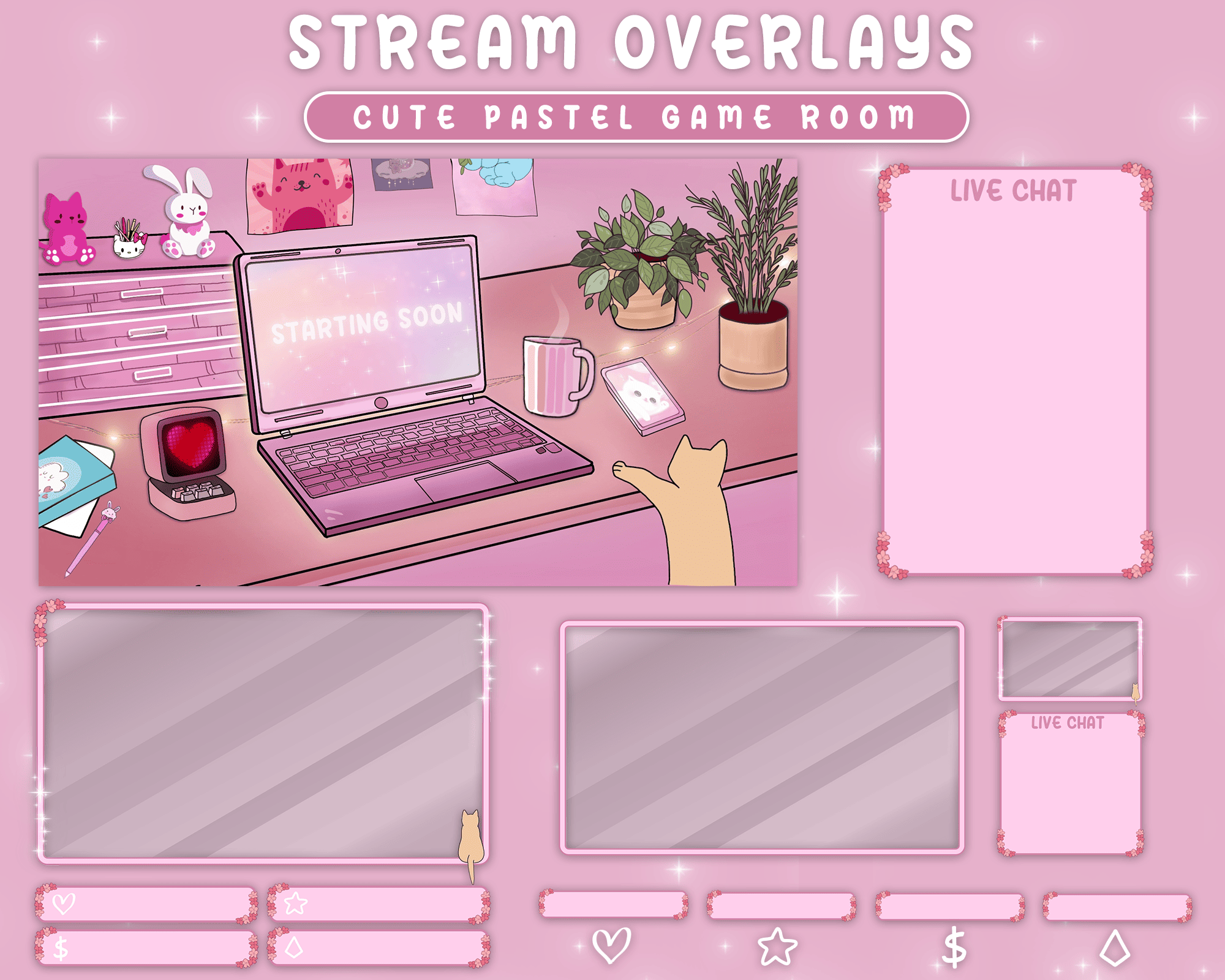 Pastel Pink Lofi Stream Overlay – Kawaii Desk Theme Animation for Streamers