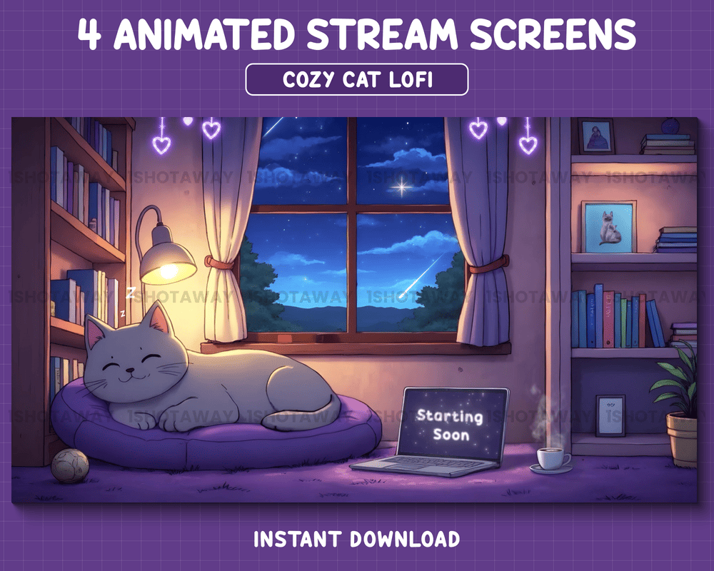 Sleeping Cat Stream Overlay – Cozy Stream Template for Twitch, OBS, YouTube