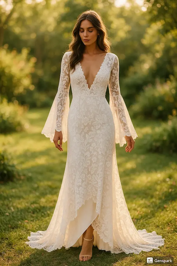 Robe de mariée bohème a manche et col V