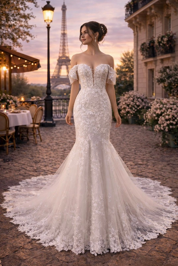 Robe de mariée sirène dentelle col bateau