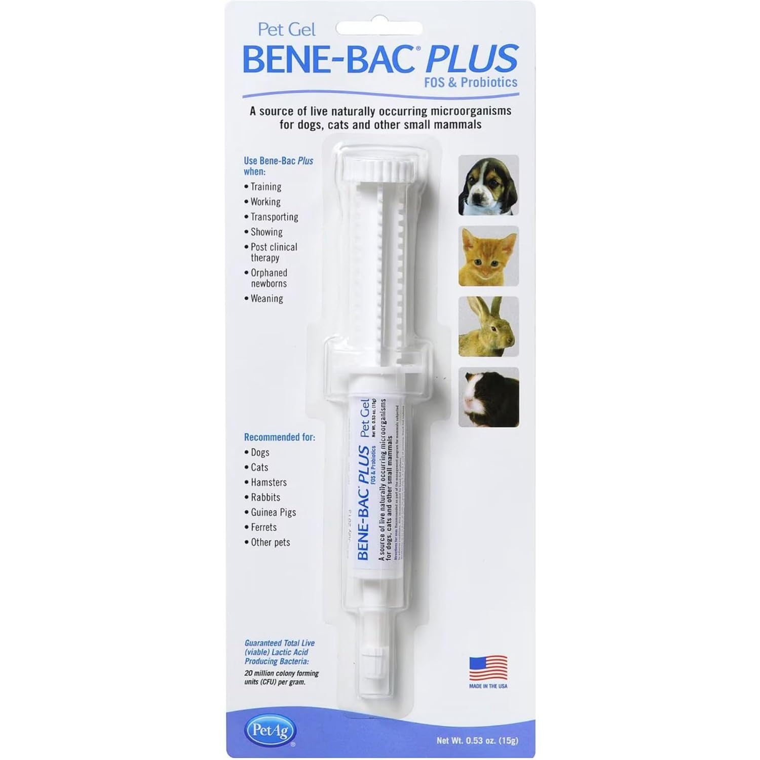 PetAg Bene-Bac Plus Pet Gel - 15 g Carded Syringe - FOS & Probiotics for Dogs, Cats, Exotic & Wildlife Mammals