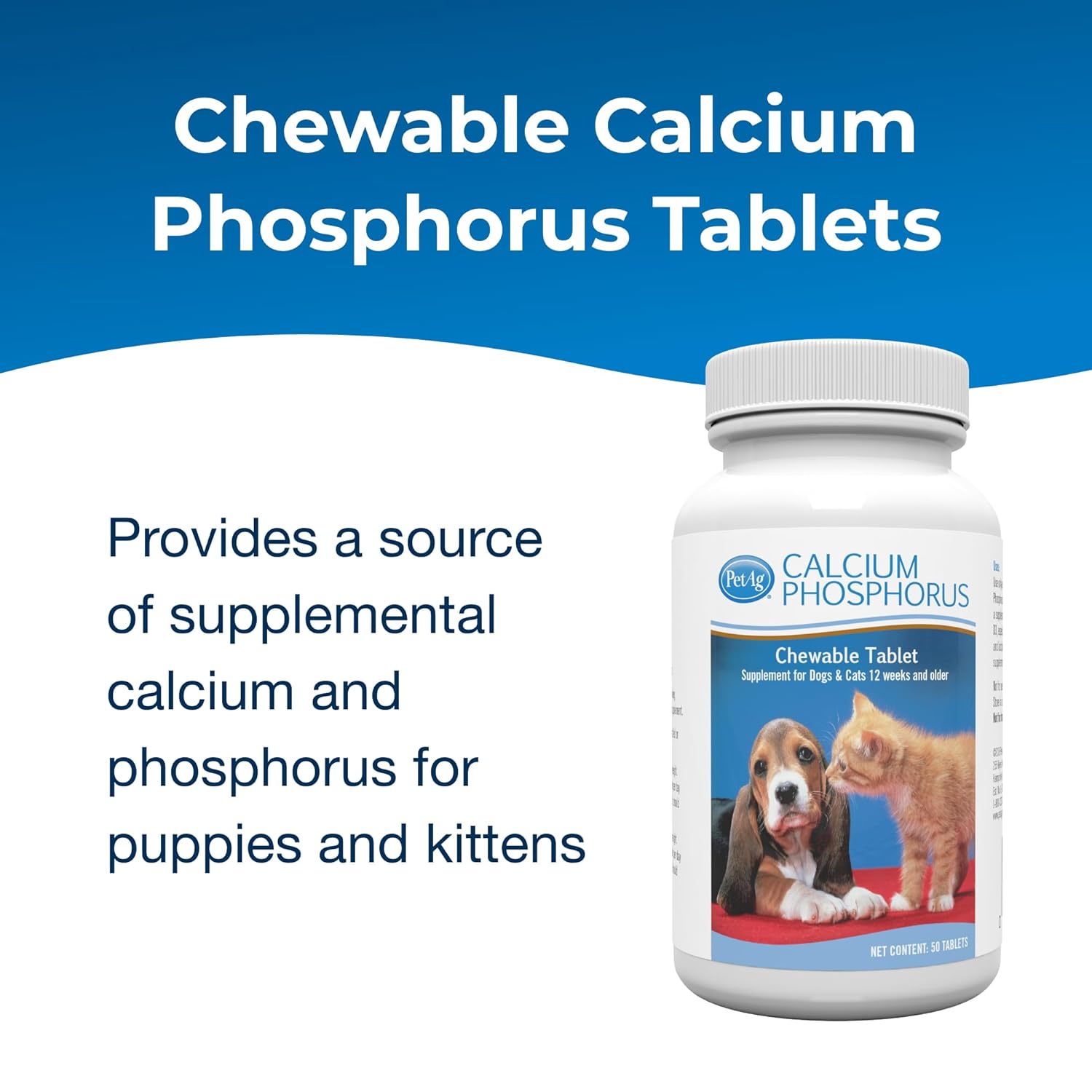 PetAg Calcium Phosphorus Tablets - 50 Tablets - Daily-Use, Chewable Supplement for Dogs & Cats 12 Weeks and Older - Fortified with Vitamin D