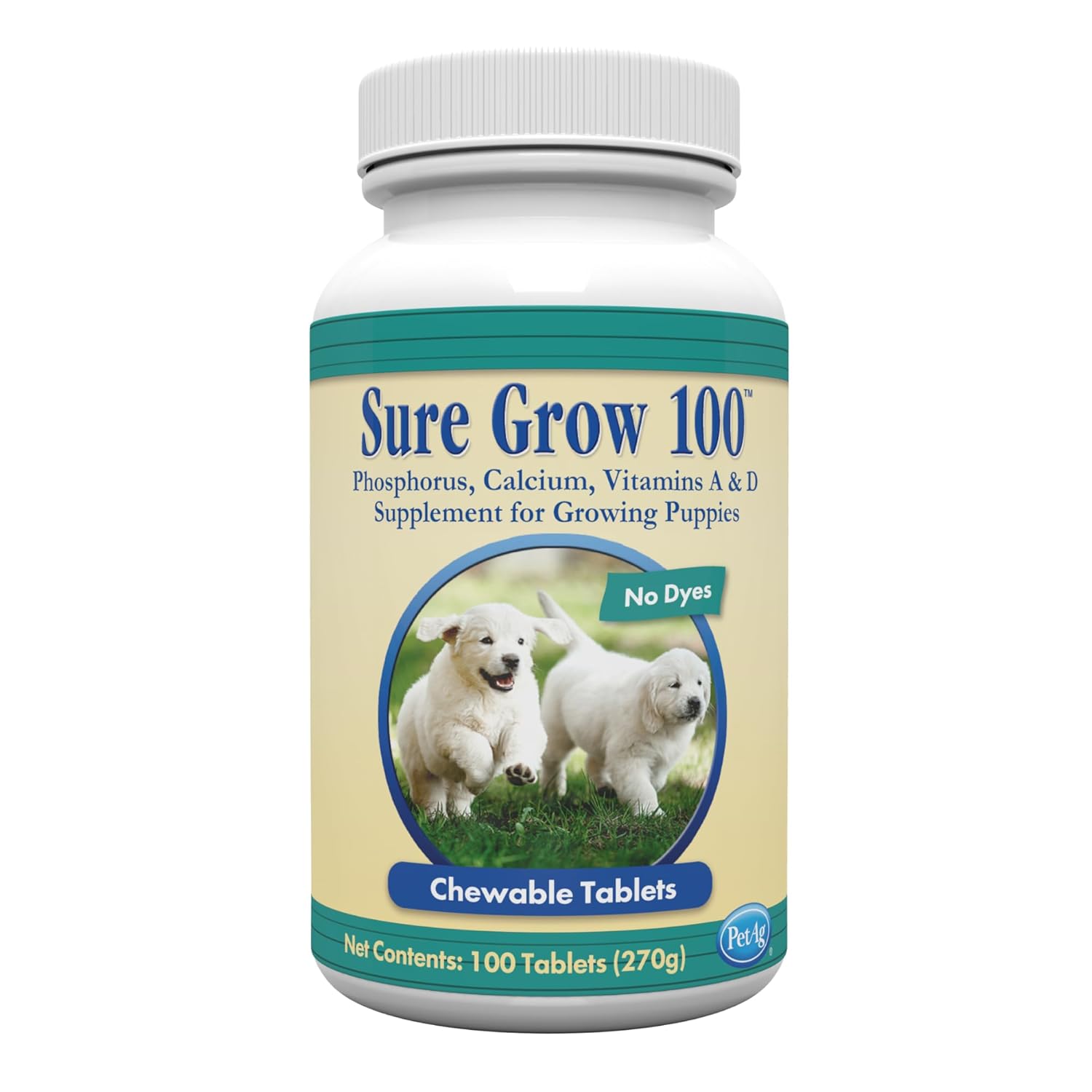 Pet-Ag Sure Grow 100 - Promotes Optimal Bone Development in Puppies Eight Weeks and Older - with Calcium, Phosphorus, and Vitamins A & D - 100 Chewable Tablets