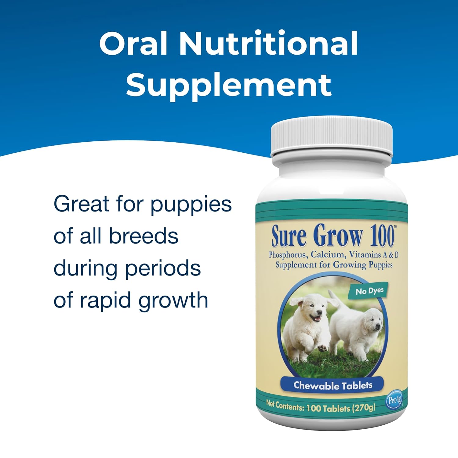 Pet-Ag Sure Grow 100 - Promotes Optimal Bone Development in Puppies Eight Weeks and Older - with Calcium, Phosphorus, and Vitamins A & D - 100 Chewable Tablets