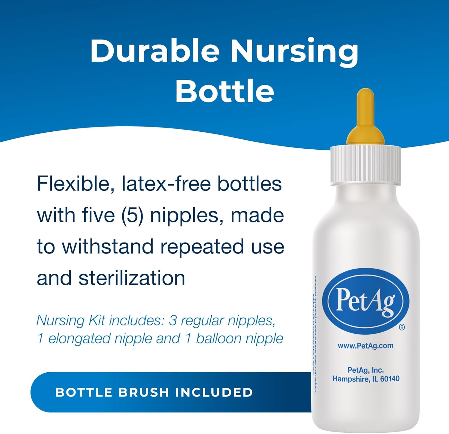 Pet-Ag Nursing Kit - 2 oz and 4 oz - Promotes the Natural Feeding of Liquids to Baby Animals - Each Kit Includes, Bottle with Cap, 5 Nipples & Cleaning Brush