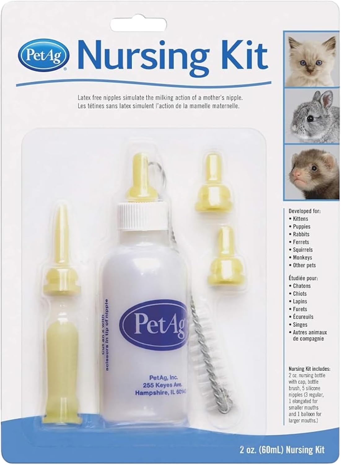 Pet-Ag Nursing Kit - 2 oz and 4 oz - Promotes the Natural Feeding of Liquids to Baby Animals - Each Kit Includes, Bottle with Cap, 5 Nipples & Cleaning Brush