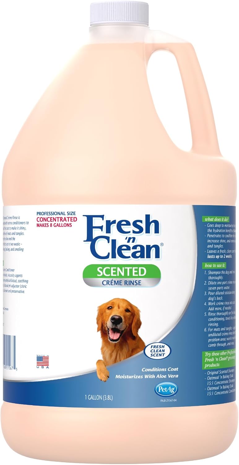 PetAg Fresh ’n Clean Scented Creme Rinse, Classic Fresh Scent (7:1 Concentrate) - 1 Gallon - Conditions Coat and Moisturizes Skin with Vitamin E & Aloe Vera - Soap Free