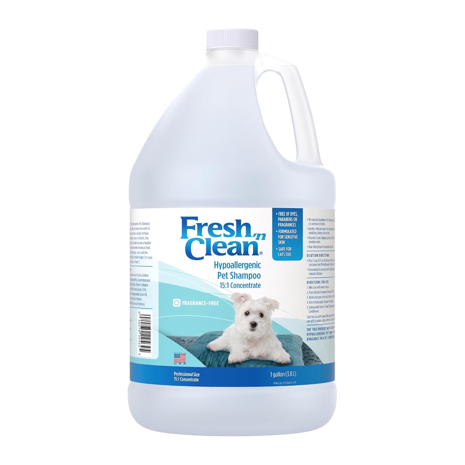 Pet-Ag Fresh 'n Clean Hypoallergenic Pet Shampoo (15:1 Concentrate) - 1 Gallon - Formulated for Sensitive Skin with Aloe Vera & Vitamin E - Safe for Dogs & Cats - Soap Free & Fragrance Free