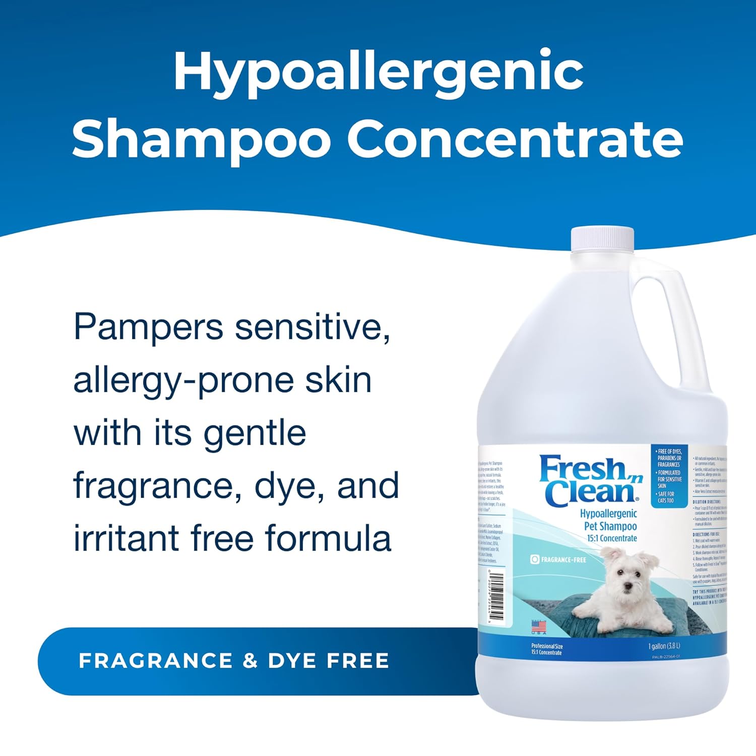 Pet-Ag Fresh 'n Clean Hypoallergenic Pet Shampoo (15:1 Concentrate) - 1 Gallon - Formulated for Sensitive Skin with Aloe Vera & Vitamin E - Safe for Dogs & Cats - Soap Free & Fragrance Free