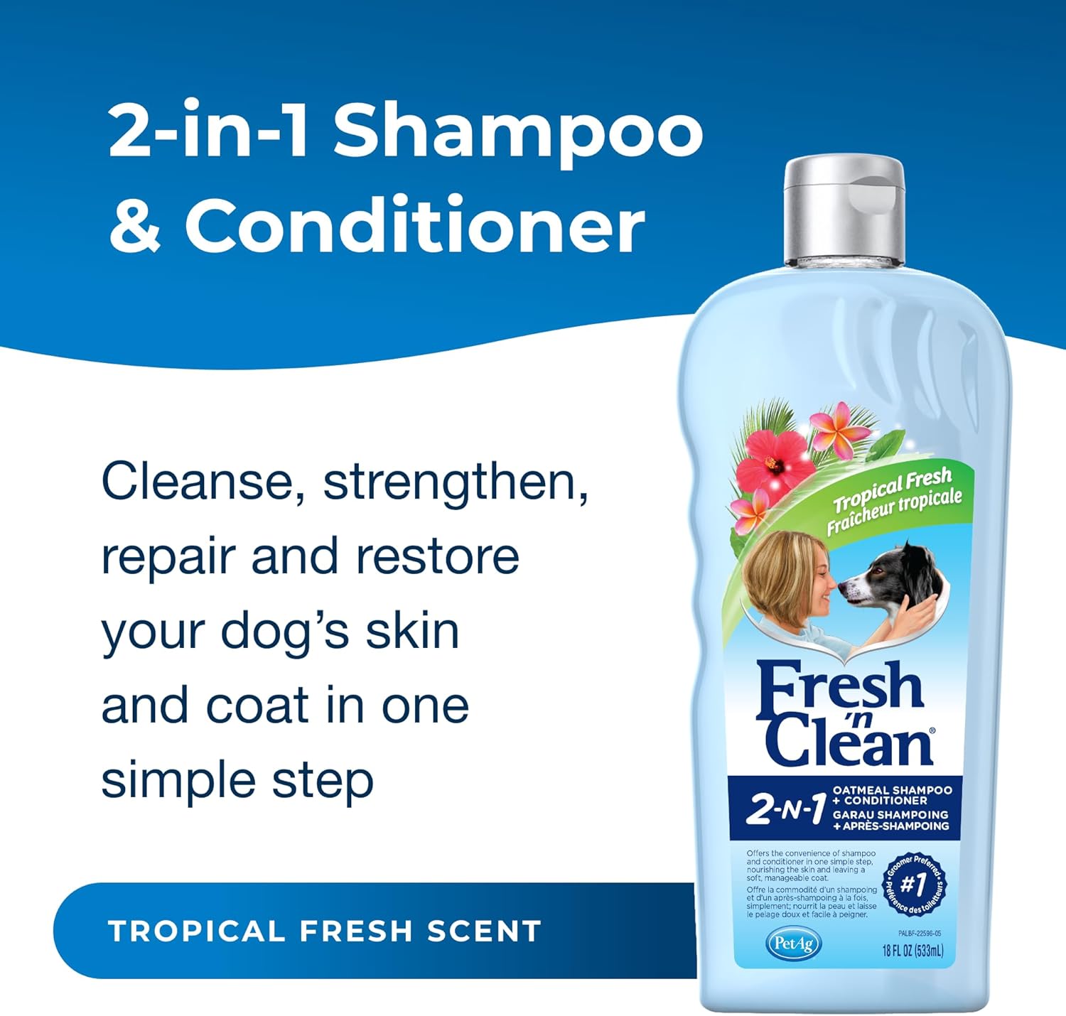 PetAg Fresh ’n Clean 2-N-1 Conditioning Shampoo, Baby Powder Scent - 18 oz - Moisturizes with Vitamin E & Aloe Vera - Strengthens & Repairs Coats - Soap Free
