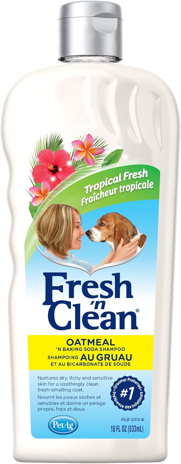 PetAg Fresh ’n Clean Oatmeal ’n Baking Soda Shampoo - Tropical Fresh Scent - 18 oz - Nurtures Dry, Itchy & Sensitive Skin with Vitamin E & Aloe - Strengthens & Repairs Coats - Soap Free