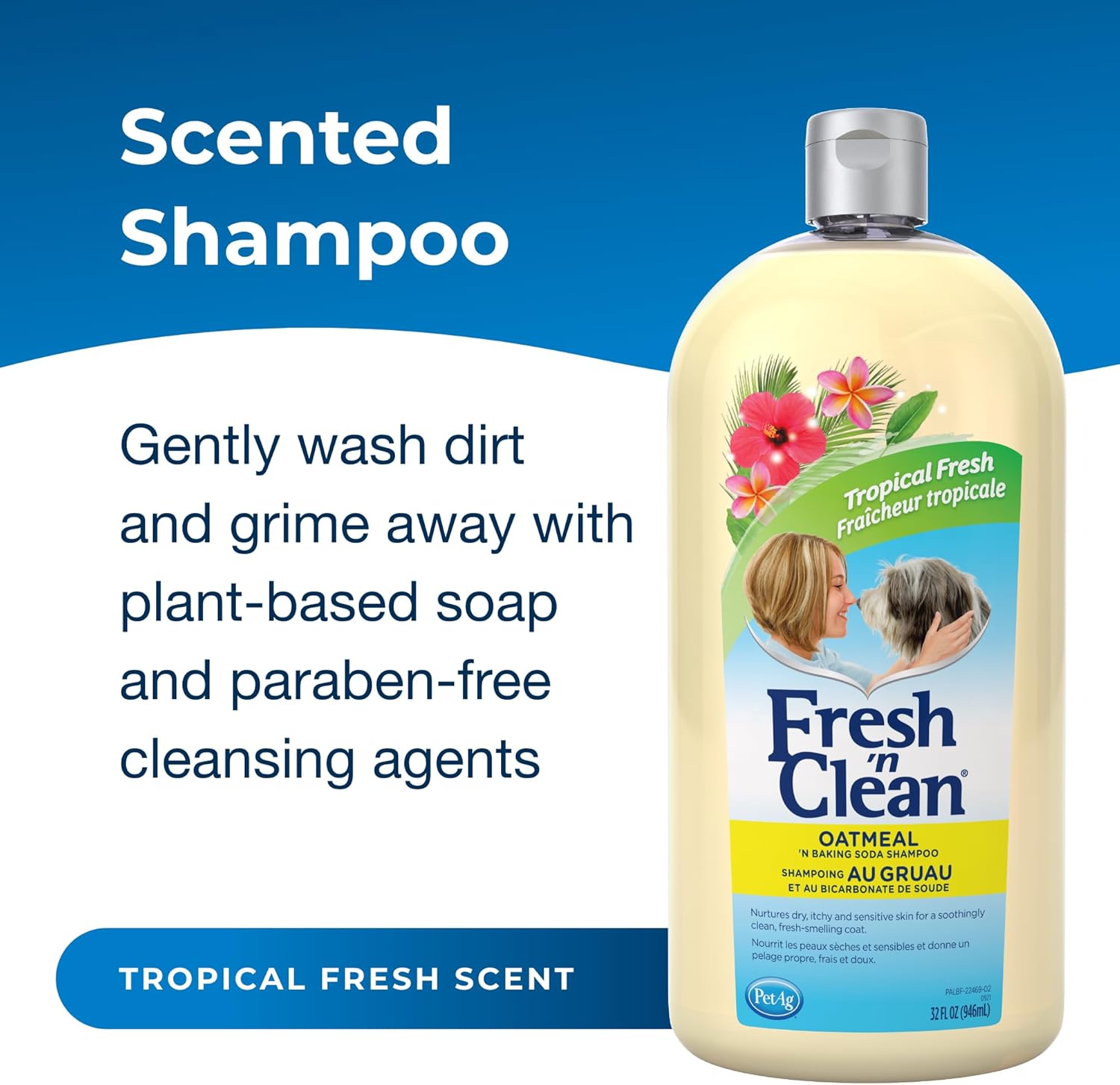 PetAg Fresh ’n Clean Oatmeal ’n Baking Soda Shampoo - Tropical Fresh Scent - 18 oz - Nurtures Dry, Itchy & Sensitive Skin with Vitamin E & Aloe - Strengthens & Repairs Coats - Soap Free