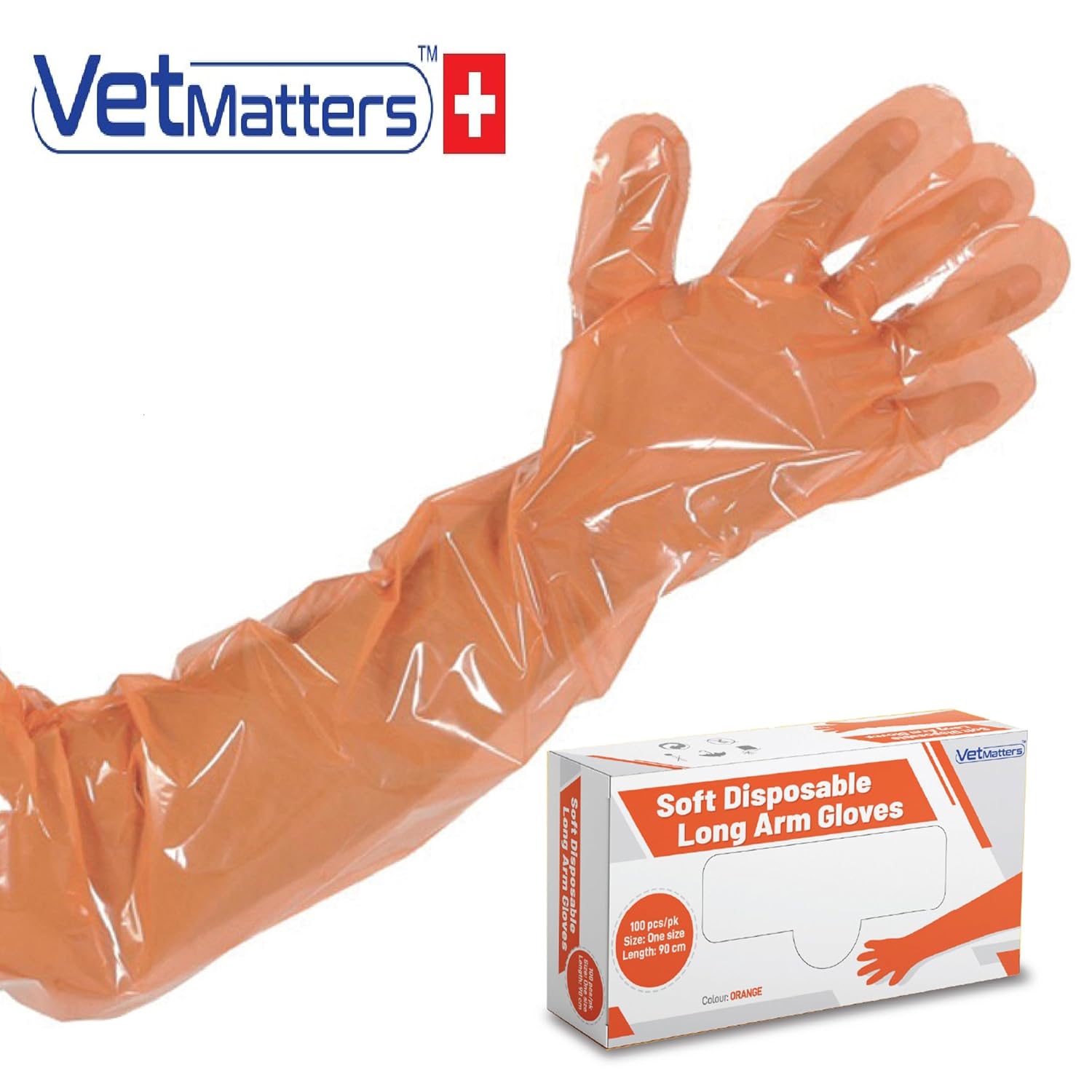 VetMatters Veterinary Soft Disposable Long Arm Gloves (Red/Orange) – Pack of 100 | 34-Inch Full Arm Coverage | Ideal for Artificial Insemination, Rectal Palpation, and Veterinary Procedures