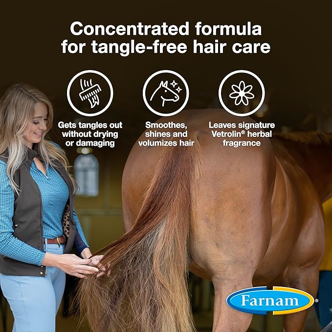 Farnam Vetrolin Concentrated Instant Horse Detangler and Conditioner for Mane and Tail, Use on Horses or Dogs, Removes Tangles and Adds Volume, 12 Oz.