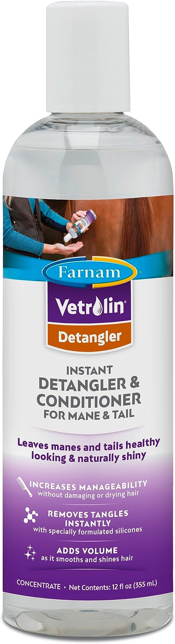 Farnam Vetrolin Concentrated Instant Horse Detangler and Conditioner for Mane and Tail, Use on Horses or Dogs, Removes Tangles and Adds Volume, 12 Oz.