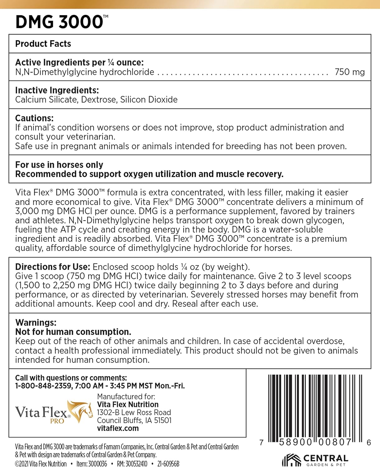 Vita Flex Pro DMG 3000 Horse DMG Concentrate, 4 Pounds, 128-Day Supply