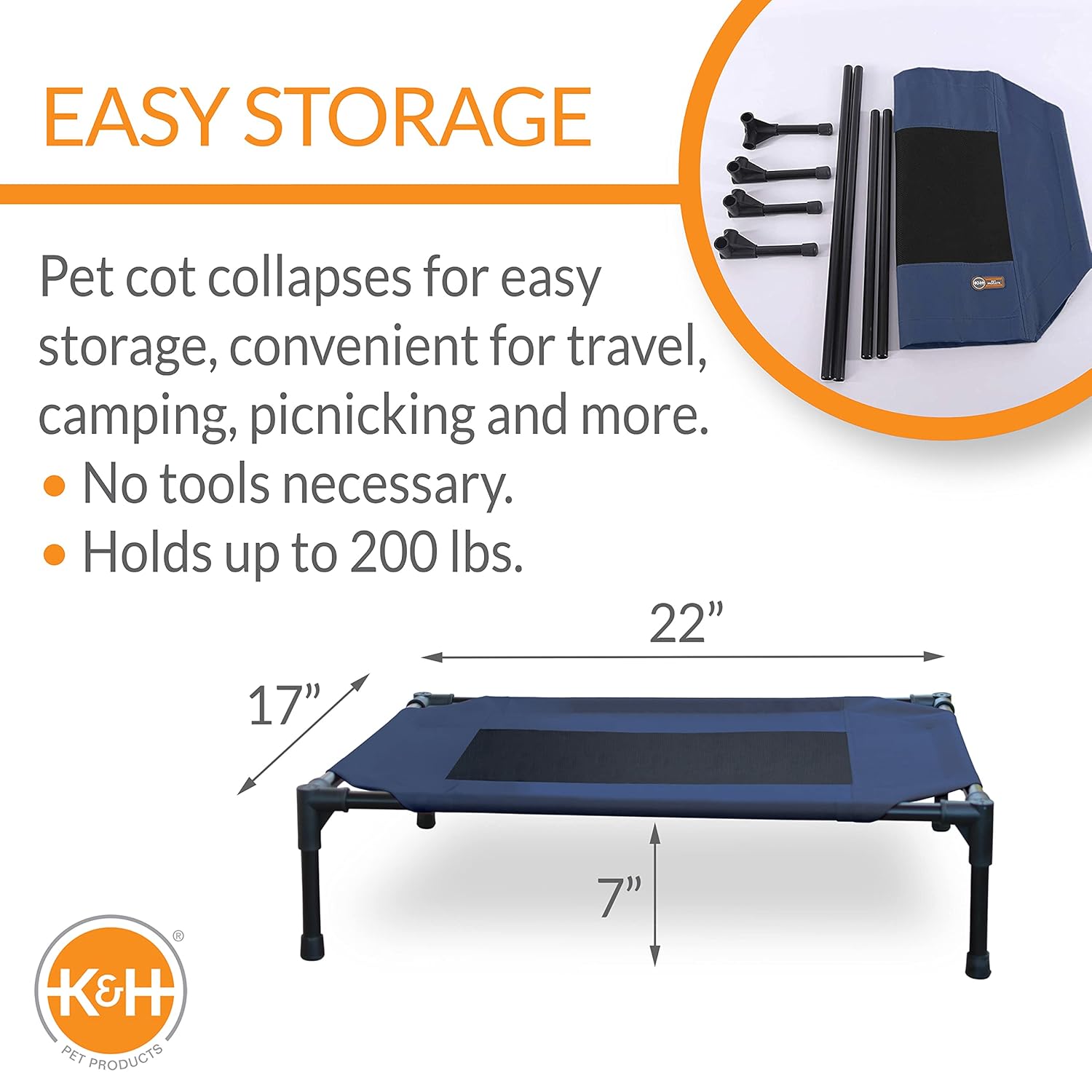 K&H Pet Products Raised Cooling Outdoor Dog Bed, Portable Elevated Dog Cot, Washable Mesh Pet Camping Gear, Heavy Duty Metal Frame Cat Hammock, Inside Outside, Small Blue/Black