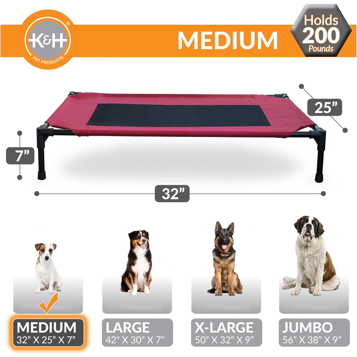 K&H Pet Products Dog Cots Beds for Dog- Elevated Outdoor Dog Cot Bed- Raised Dog Hammock Cooling Bed- Washable, Portable Dog Cot- Heavy Duty Durable Metal Frame- Red/Black