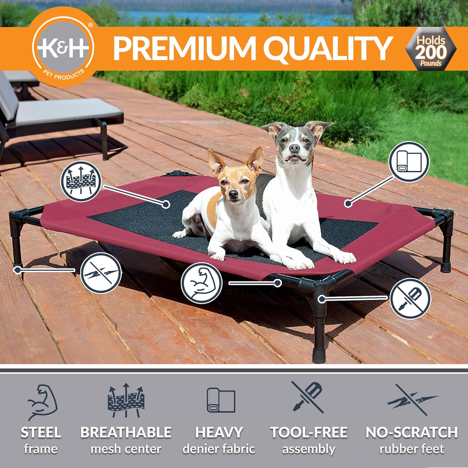 K&H Pet Products Dog Cots Beds for Dog- Elevated Outdoor Dog Cot Bed- Raised Dog Hammock Cooling Bed- Washable, Portable Dog Cot- Heavy Duty Durable Metal Frame- Red/Black