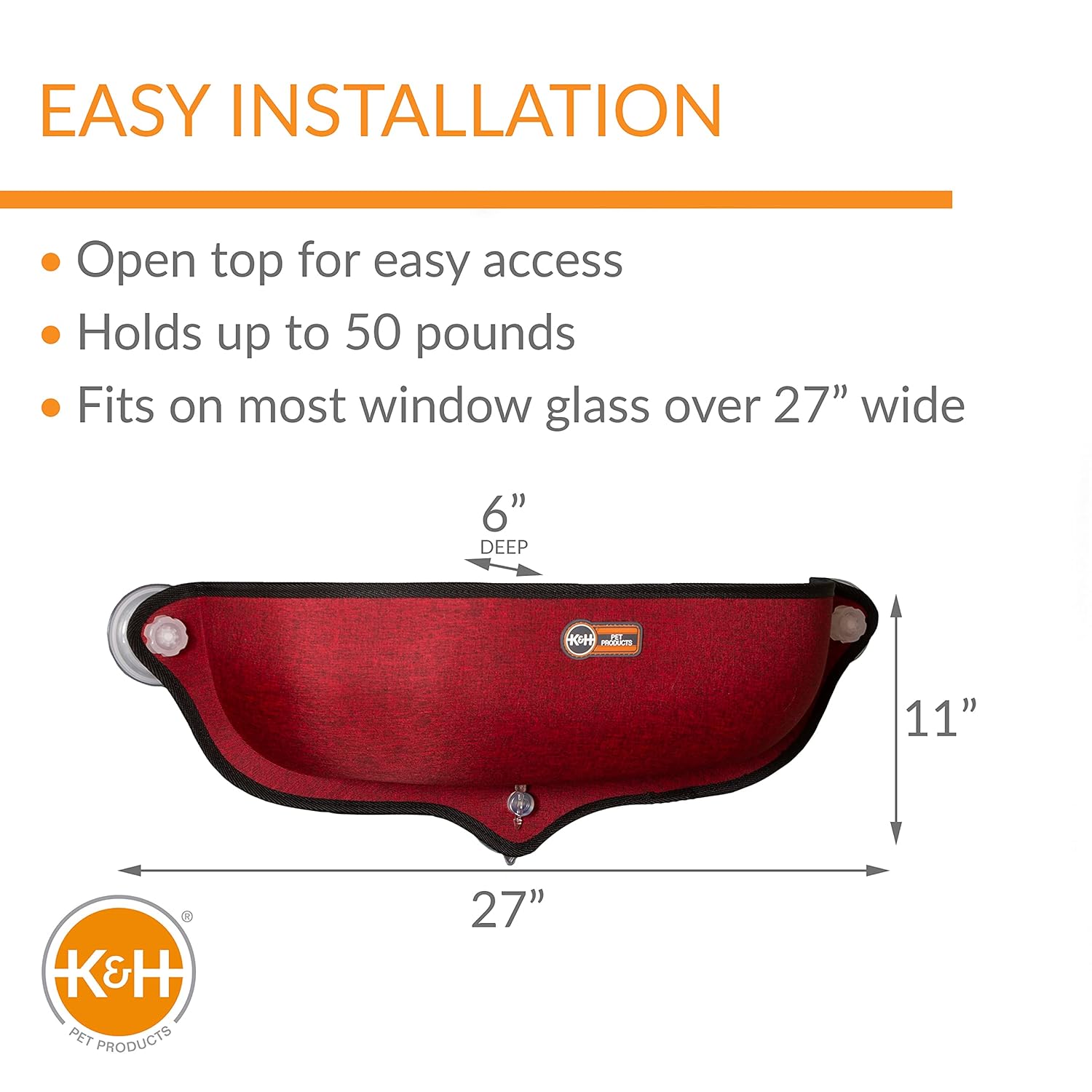 K&H PET PRODUCTS EZ Mount Window Bed Kitty Sill Red 27 X 11 X 6 Inches