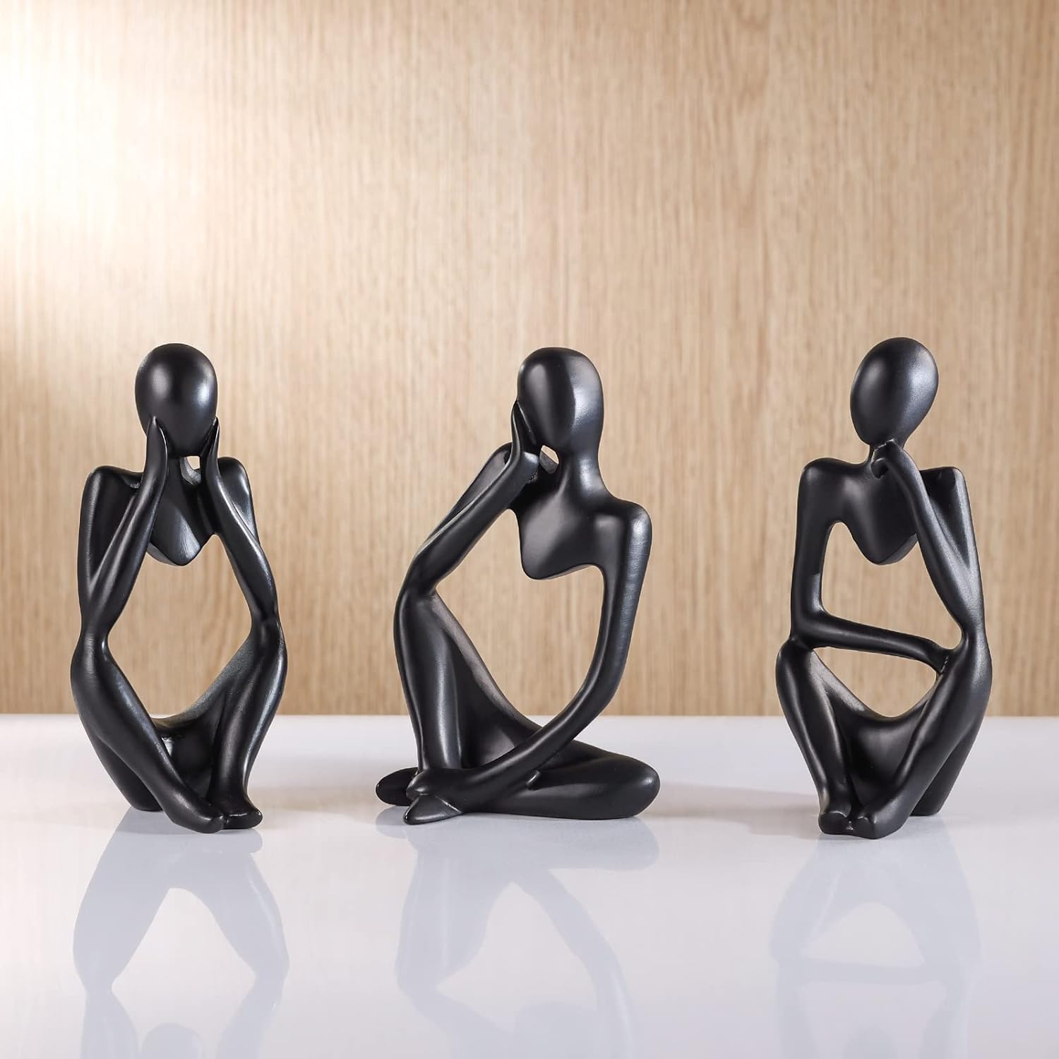 FARAMIR STORE Thinker Statues Set of 3 - Black Stone Abstract Figurines Home Decor Modern Style for Office, Living Room, Bookshelf, Table Artistic Resin Decorative Statues For Shelves (Black)
