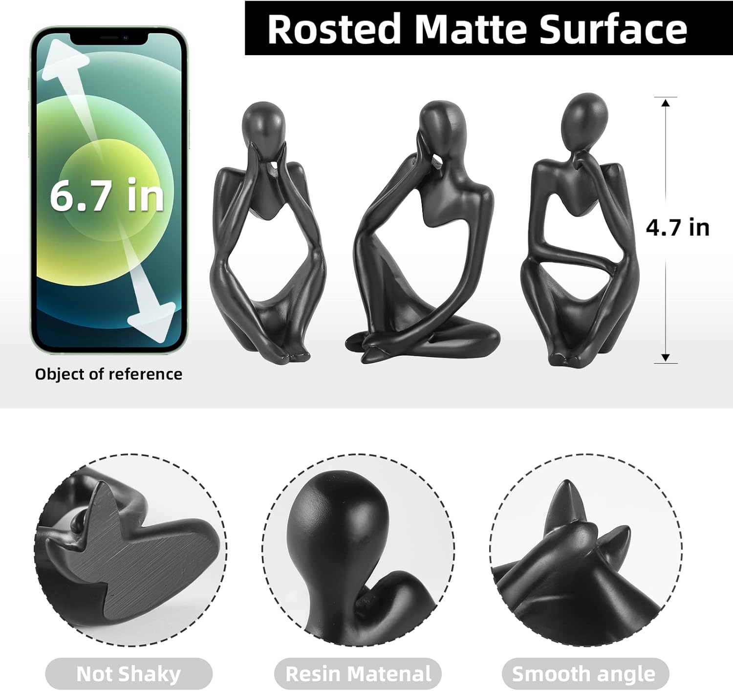 FARAMIR STORE Thinker Statues Set of 3 - Black Stone Abstract Figurines Home Decor Modern Style for Office, Living Room, Bookshelf, Table Artistic Resin Decorative Statues For Shelves (Black)