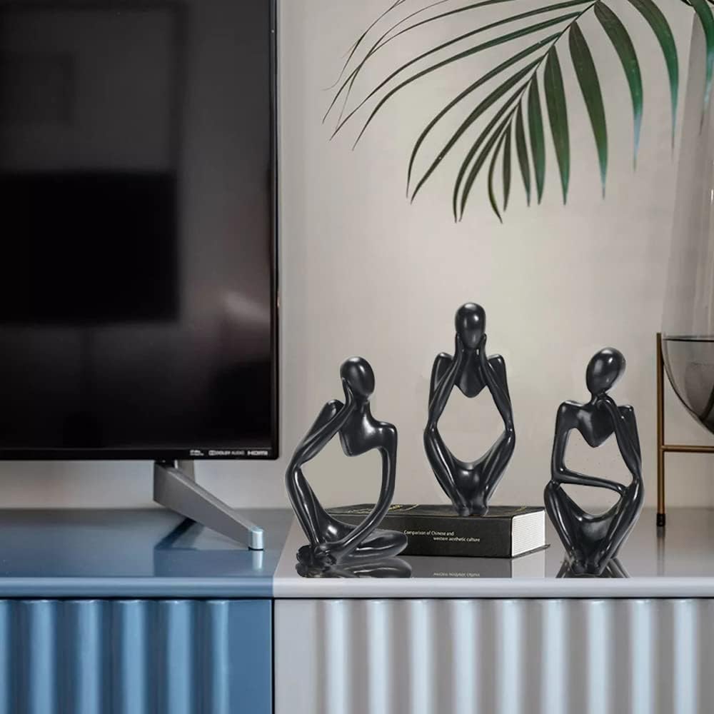 FARAMIR STORE Thinker Statues Set of 3 - Black Stone Abstract Figurines Home Decor Modern Style for Office, Living Room, Bookshelf, Table Artistic Resin Decorative Statues For Shelves (Black)