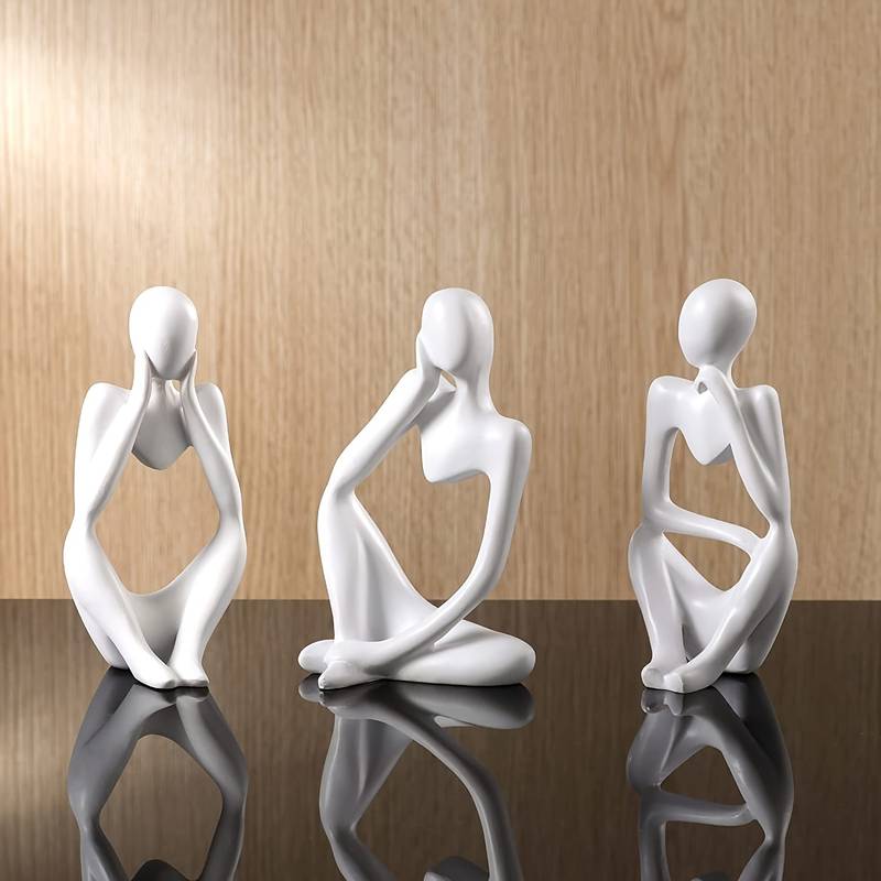 FARAMIR STORE Thinker Statues Set of 3 - White Stone Abstract Figurines Home Decor Modern Style for Office, Living Room, Bookshelf, Table Artistic Resin Decorative Statues For Shelves( White)