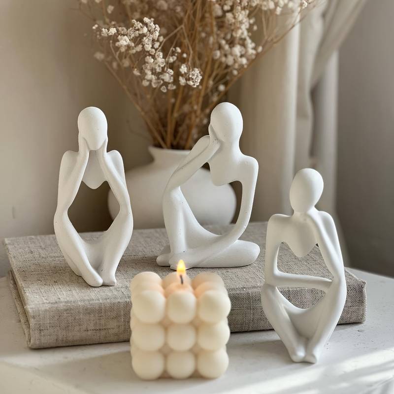 FARAMIR STORE Thinker Statues Set of 3 - White Stone Abstract Figurines Home Decor Modern Style for Office, Living Room, Bookshelf, Table Artistic Resin Decorative Statues For Shelves( White)