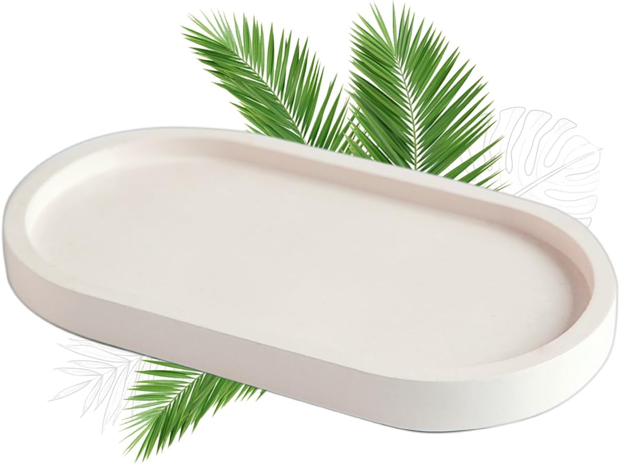 FARAMIR STORE White Oval Handmade Candle Stand & Jewelry Tray – Vanity Tray, Mini Dresser Jewelry Ring Dish, Countertop Organizer for Bathroom, Kitchen, Bathtub, Perfume, Candles, Plants & Home Decor (White)