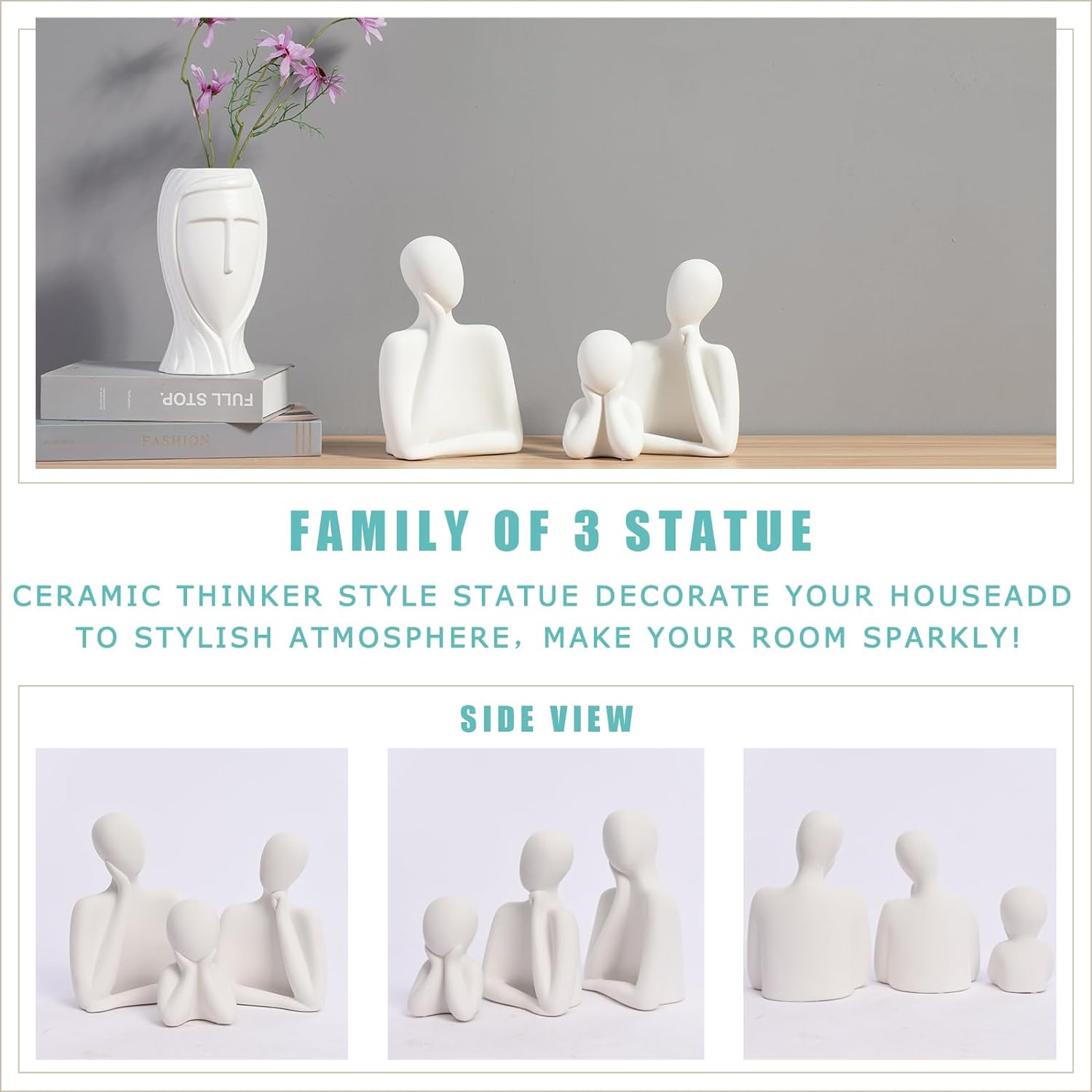 FARAMIR STORE Three Person Family Statues Home Decoration White Stone Abstract Figurines Handmade Modern Style for Office, Living Room, Bookshelf, Table Artistic(White)