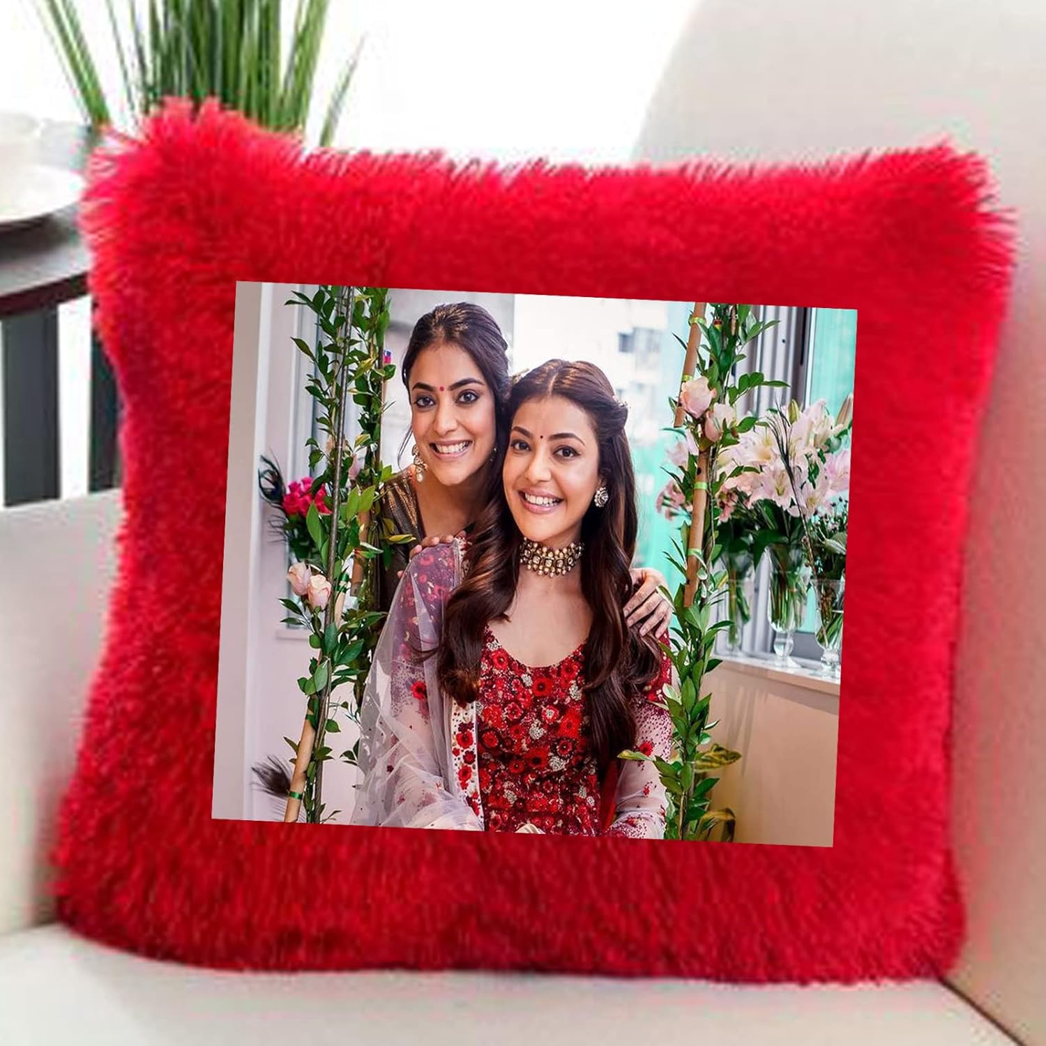 Personalized Red Square Shape Fur Pillow| Personalized with Your Photos and &Message Printed for Birthday, Anniversary, Valentine's Day, Festival Gift