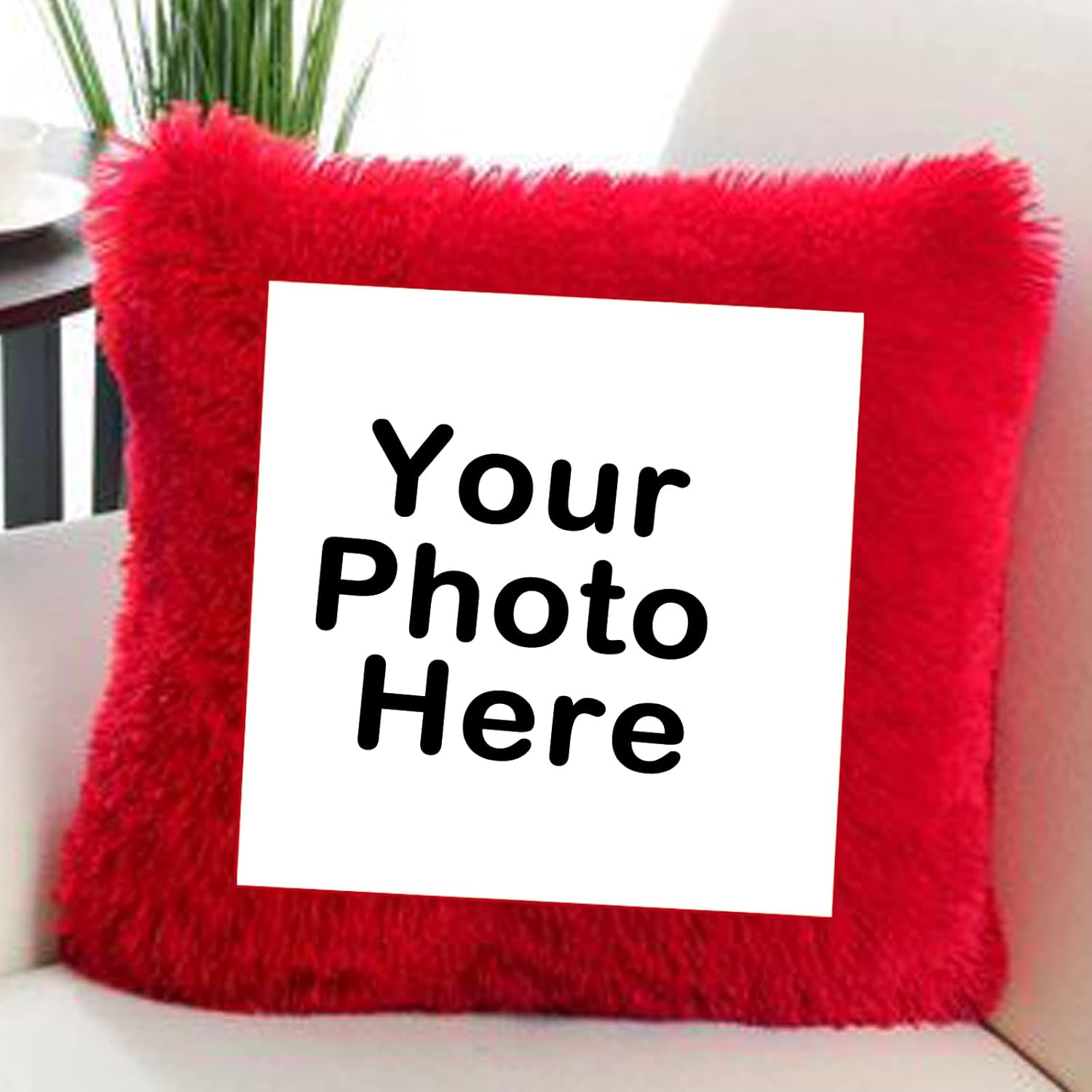 Personalized Red Square Shape Fur Pillow| Personalized with Your Photos and &Message Printed for Birthday, Anniversary, Valentine's Day, Festival Gift