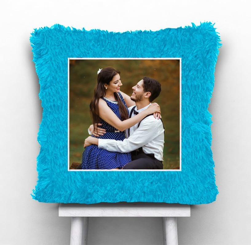 SkyBlue Fur Square Personalized Gifting Photo Cushion for Boyfriend Girlfriend Husband Wife on Occasions Valentine's Day Birthday Anniversary Special Love Gift Square 