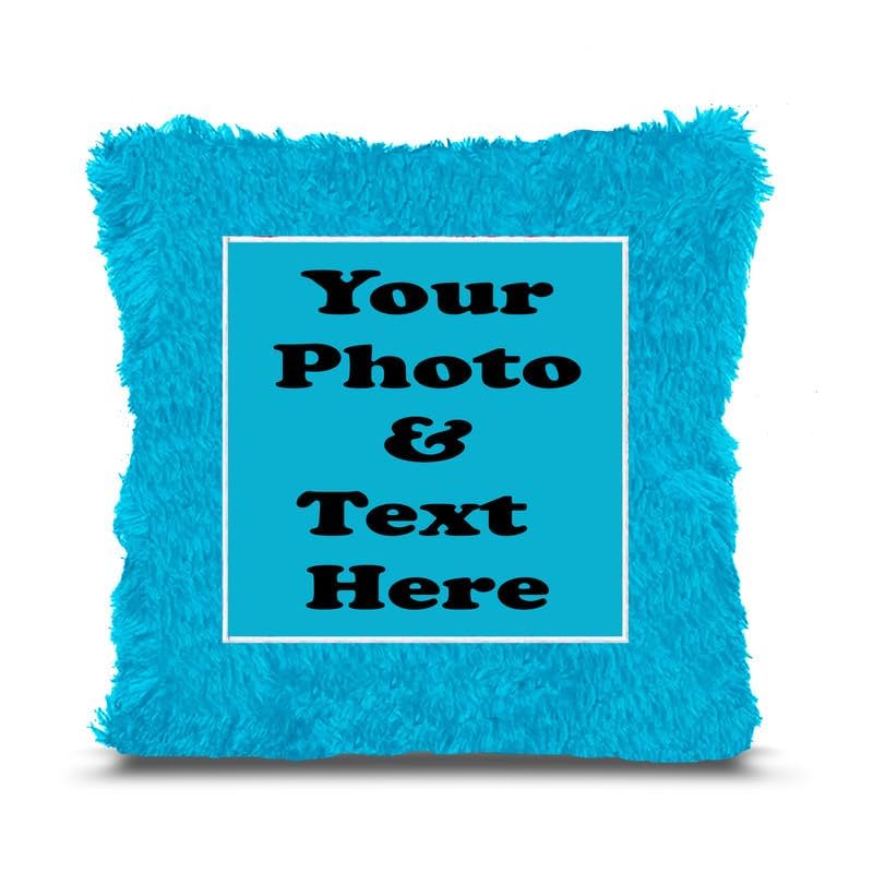 SkyBlue Fur Square Personalized Gifting Photo Cushion for Boyfriend Girlfriend Husband Wife on Occasions Valentine's Day Birthday Anniversary Special Love Gift Square 