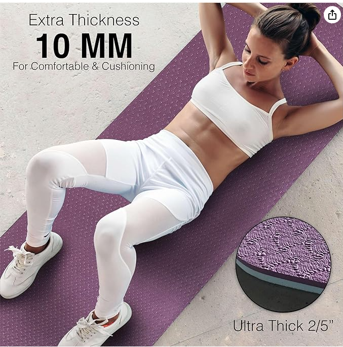 Extra Thick Exercise Yoga Mat with Strap - 2/5 Inch (10MM), Non-Slip Workout Mat for Yoga, Pilates, and Floor Exercises