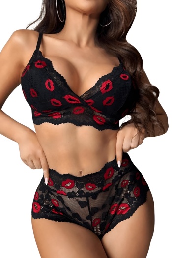 Red Lips Black Lace Panty Set