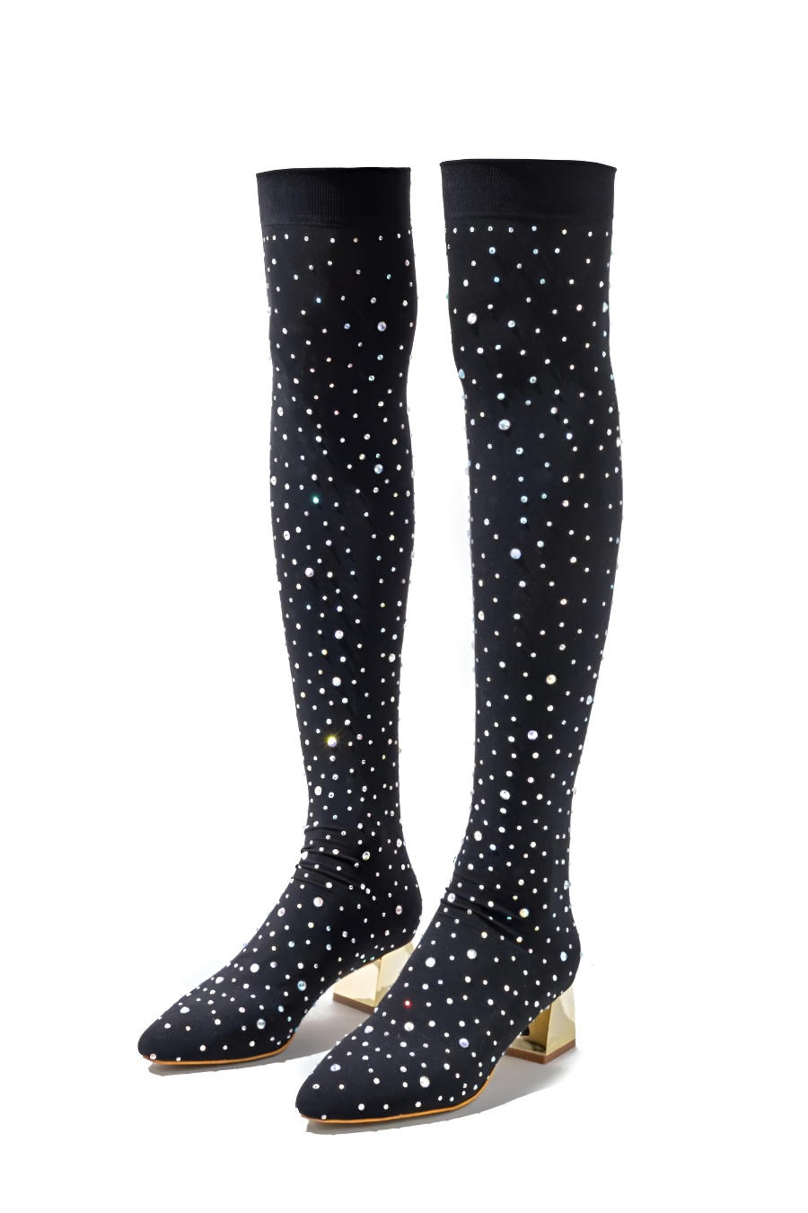 Rhinestone-Embellished Black Thigh-High Sock Boots