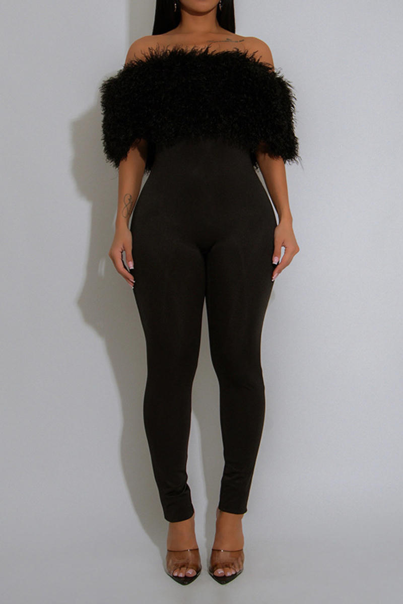 Black Feather Off-Shoulder Jumpsuit