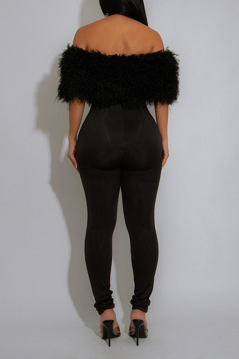 Black Feather Off-Shoulder Jumpsuit