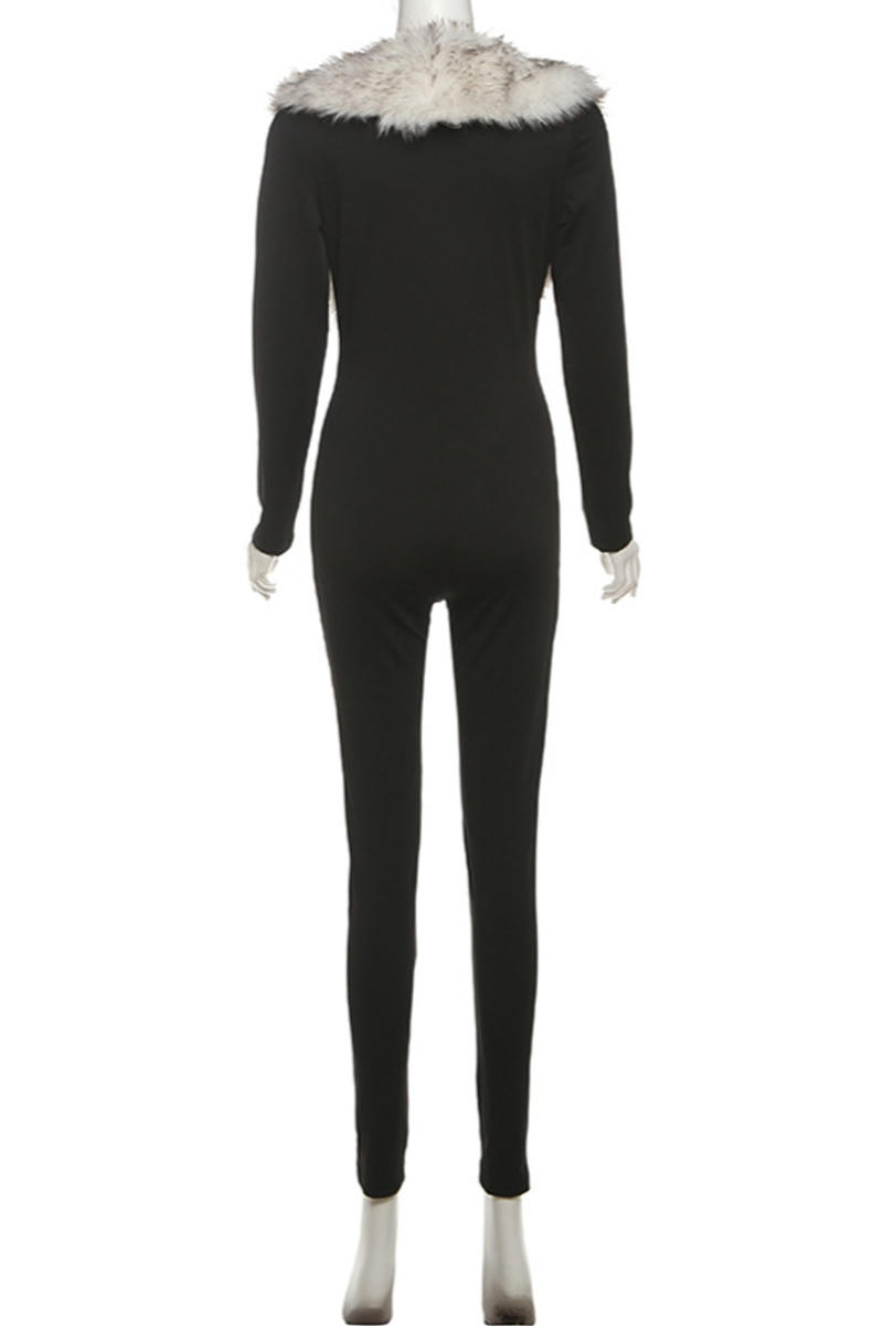 Faux Fur Trimmed Black Jumpsuit