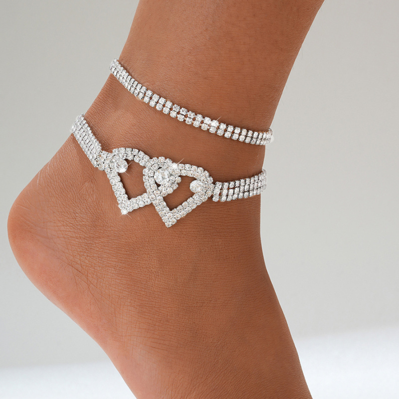 Rhinestone Heart Anklet Set