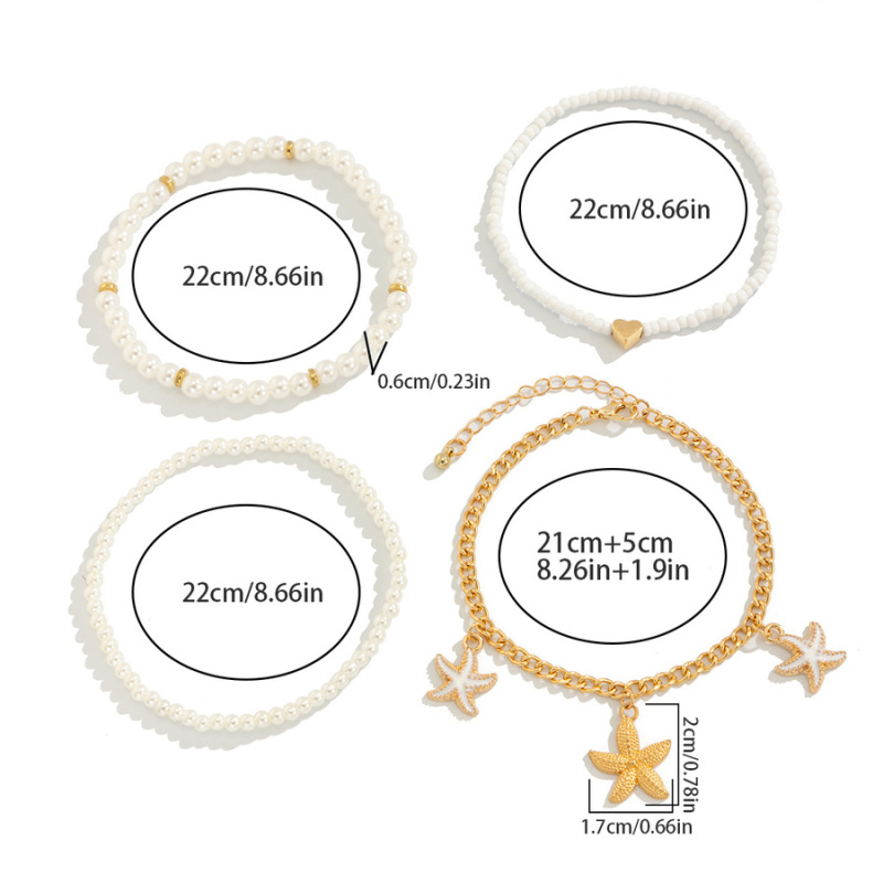 Four pcs sets minimalist style faux pearl & beaded metal anklet 