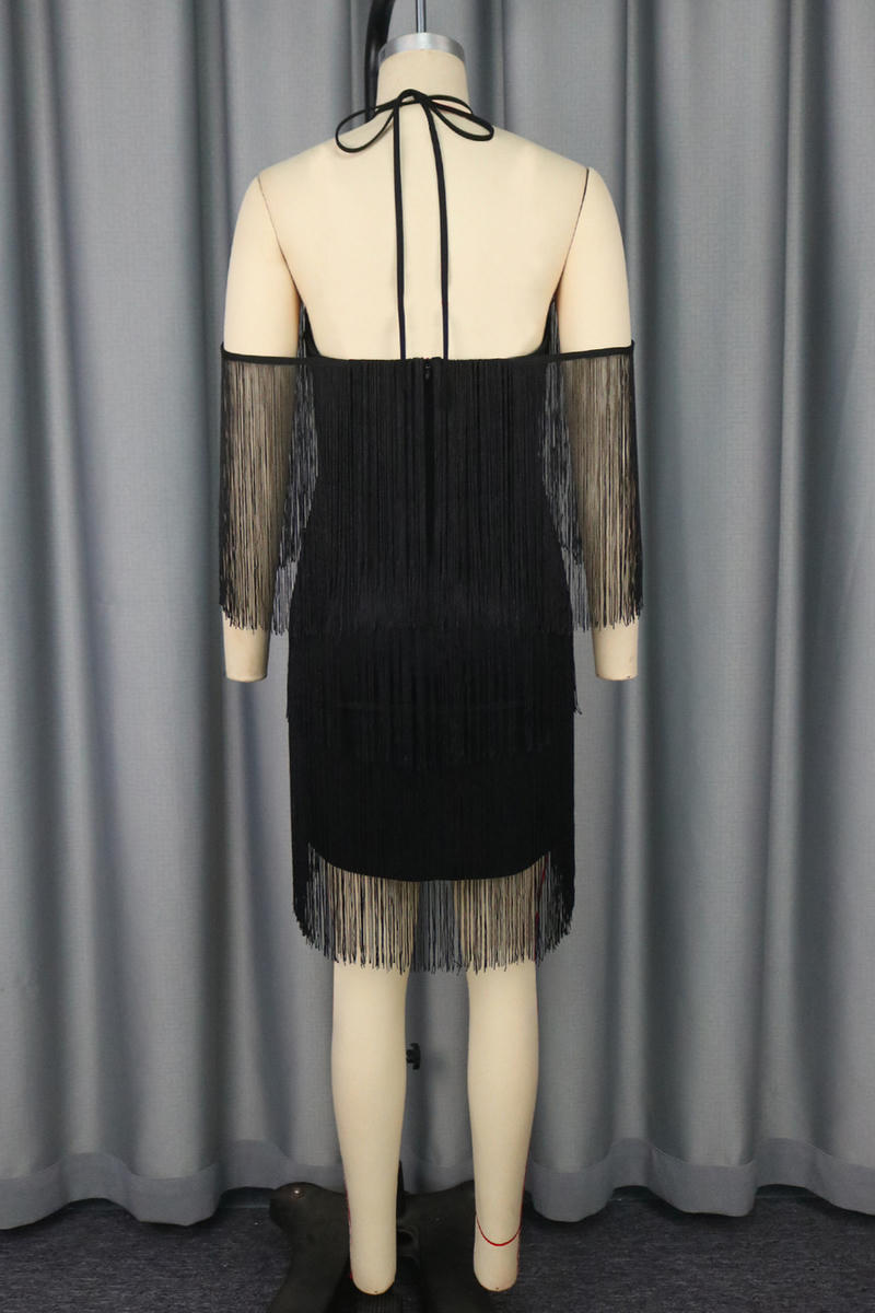 Black Fringe Halter Dress