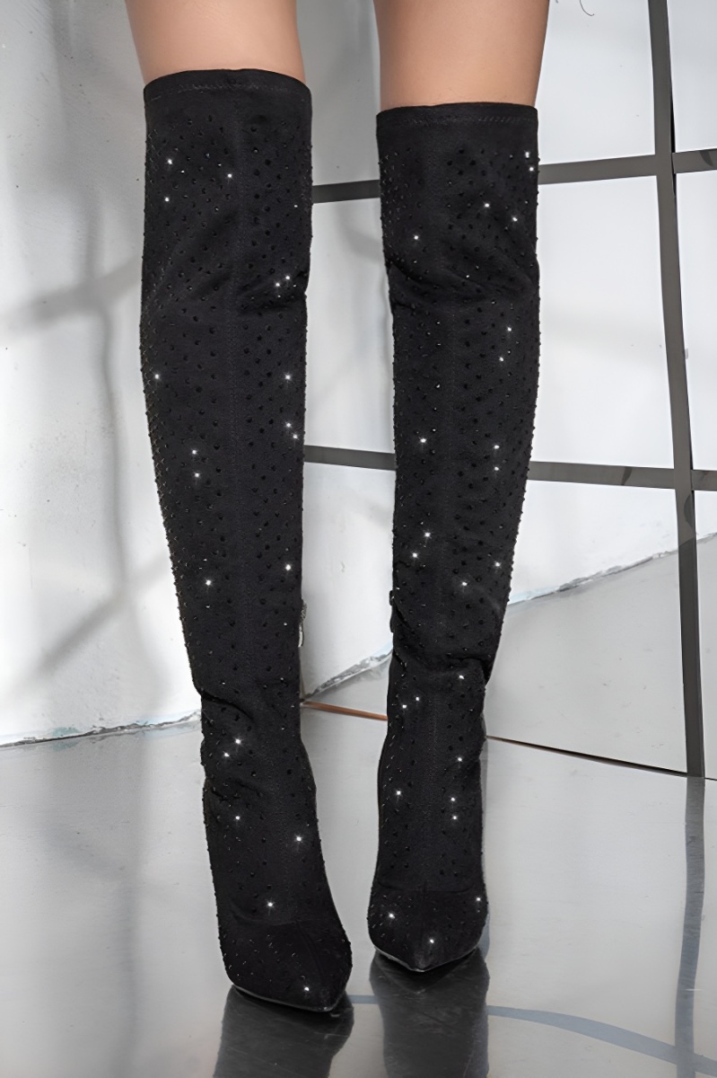 Exquisite rhinestone decor over knee pointed toe high-heel boots