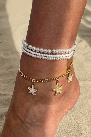 Four pcs sets minimalist style faux pearl & beaded metal anklet 