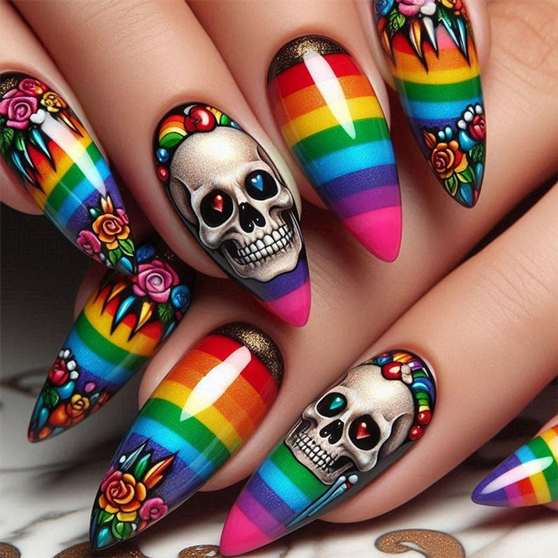 Colorful Skull Rainbow Nail Art